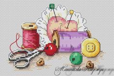 a cross stitch pattern with scissors, thread and spools