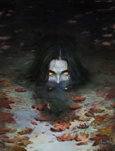 a woman with black hair and makeup is in the water surrounded by leaves, looking at the camera