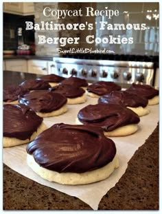 chocolate covered cookies sitting on top of a counter