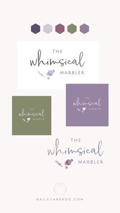 the whimsical marbler logo is shown in four different colors and sizes