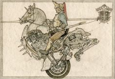 a drawing of a man riding on the back of a motorcycle next to a horse