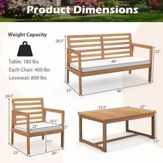 the bench and table are shown with measurements for each piece in front of the bench