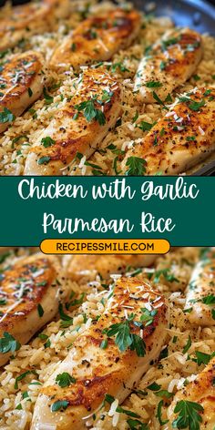 chicken with garlic and parmesan rice in a skillet