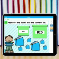 a tablet with an image of books on it and the text help sort the books into the correct bin
