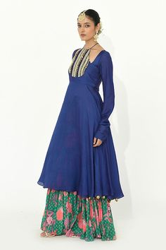 Indigo halter neck anarkali with mirror, sequin, zari thread, bead embroidered yoke. Paired with jade floral print sharara. - Aza Fashions Bollywood Cotton Silk Sharara For Reception, Anarkali Blue Sharara With Traditional Drape, Blue Anarkali With Sheer Dupatta, Blue Slub Silk Sharara With Traditional Drape, Blue Cotton Silk Lehenga With Pallu, Blue Anarkali Set With Traditional Drape And Pallu, Floor-length Cotton Silk Sharara With Cutdana, Blue Slub Silk Traditional Wear With Sheer Dupatta, Blue Slub Silk Sharara For Navratri