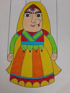 a drawing of a woman wearing a colorful dress and holding a string with strings hanging from it