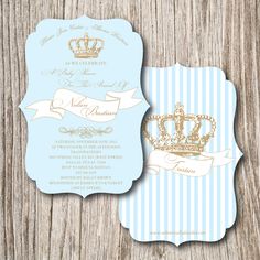 a blue and white striped wedding card with a crown on it