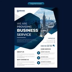 a blue and white business flyer with an image of the city skyline in the background