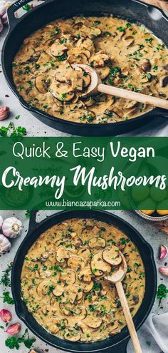 two pans filled with creamy mushroom soup