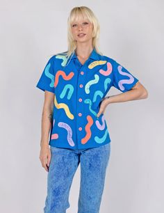 Wobble Tropical Button Up Fun Button Up Shirt, Hand Painted Shirts, Hand Painted Clothes, 90s Street Style, Snap Pants, Circle Purse, Button Ups, Paint Shirts, Perfect Blouse