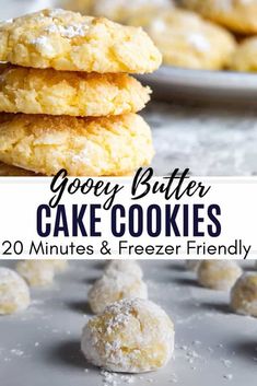 three cookies stacked on top of each other with the words gooey butter cake cookies