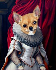 a painting of a dog dressed in a white dress