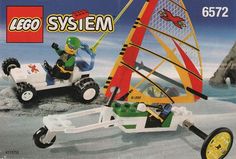 an advertisement for lego system with a man on a toy boat in the water next to a wind sail