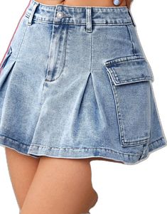 Fitted Jean Shorts With Pockets For Fall, Non-stretch Denim Mini Skirt With Pockets, Cotton Skort With Pockets In Medium Wash, Medium Wash Cotton Skort With Pockets, Non-stretch Denim Blue Mini Skirt With Pockets, Denim Blue Non-stretch Mini Skirt With Pockets, High Waist Denim Skort, High-waisted Denim Blue Skort With Pockets, High Waist Denim Blue Skort With Pockets