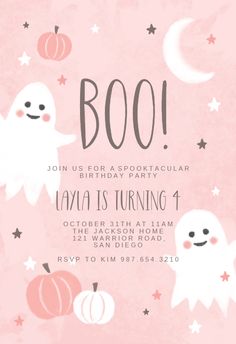 a pink halloween birthday party with ghost and pumpkins on the front, in black lettering