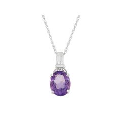 Add a beautiful touch to your ensemble when you wear this captivating amethyst and diamond accent pendant. Click on this JEWELRY & WATCHES GUIDE to learn about fit, styles, materials and more!PENDANT DETAILS Pendant length: .68 in. Chain length: 18 in. Clasp: spring-ring Metal: rhodium-plated sterling silver STONE DETAILS Stone type: genuine amethyst Shape: oval Setting: prong DIAMOND DETAILS Total weight: less than 1/10 ct. Shape: round Color grade: I-J Clarity: I2-I3 Setting: prong Image(s) ma Elegant Purple Pendant Birthstone Necklace, Classic Amethyst Purple Necklace, Classic Amethyst Necklace For Gift, Classic Purple Amethyst Necklace, Classic Purple Necklace For Anniversary, Purple Necklaces With Accent Stones For Gift, Classic Amethyst Pendant Necklace, White Gold Amethyst Birthstone Necklace, Elegant Purple Oval Pendant Necklace