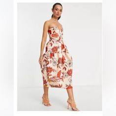 Nwt Asos Design Bandeau Dome Midi Dress In Floral. Size 2. Never Been Worn Strapless Floral Print Midi Dress For Date Night, Cocktail Strapless Midi Dress With Floral Print, Red Strapless Midi Dress For Spring, Asos White Dress, Chique Outfit, Strapless Dresses Short, Strapless Floral Dress, Blue Cocktail Dress, Cocktail Attire