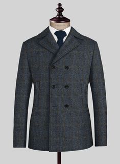 Timeless and elegant, our Harris Tweed Country Blue Pea Coat is probably clothing that every man must own. Crafted from wool, the rich hue of the coat creates a classy aesthetic look that works great for both daytime and evening affairs.   Look Includes  Harris Tweed Country Blue Fabric  Horn Royal Black Buttons  Side Pockets   You can change the look by changing the options.   Lining: 100% Viscose, Dry Clean. Luxury Double-breasted Tweed Outerwear, Luxury Tweed Double-breasted Outerwear, Luxury Tweed Outerwear For Business, Elegant Blue Double-breasted Peacoat, Luxury Blue Tweed Jacket For Winter, Fitted Luxury Tweed Outerwear, Luxury Blue Tweed Jacket For Business, Luxury Tweed Outerwear For Semi-formal Occasions, Luxury Blue Tweed Jacket