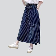 Be the envy of everyone in the 2023 Spring-Summer Collection with this stylish long denim skirt! With its distinctive vertical stripes and high-waisted fit. this skirt is sure to make a statement. Featuring a drawstrings closure. it's the perfect combination of comfort and flair. Whether you're headed to a music festival or a laid-back day out with friends. this skirt will become the crowning jewel of your outfit!Key Highlights: Street Style: This skirt is the perfect blend of contemporary fashi Striped Cotton Relaxed Skirt, Relaxed Striped Skirt For Spring, Cotton Long Skirt With Drawstring, Casual Striped Skirt, Striped Cotton Midi Skirt, High Waist Striped Summer Skirt, High Waist Striped Skirt For Summer, Summer High Waist Striped Skirt, Casual Striped Cotton Skirt