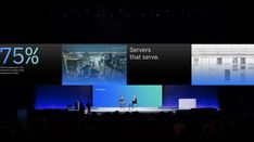 a man standing on top of a stage in front of a screen that says servers that serve