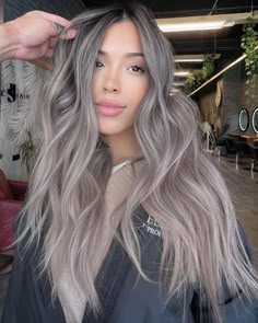 Balayage Hair With Shadow Root, Ombré Ash Blonde, Balayage Hair Grey Ash Blonde Silver Ombre, Ashy Toned Hair, Ashy Blonde On Brown Hair, Bleach Ombre Hair, Milktea Ash Gray Balayage, Ombré Grey Hair, Icy Brown Balayage