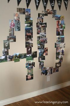 a photo collage is hanging on the wall in front of a birthday party sign