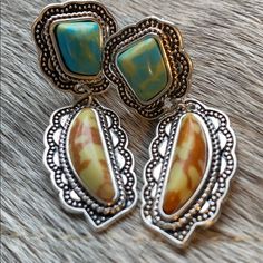 Too Stone Is Turquoise And Bottom Stone Is Brown And Yellow. Set In Silver Tone Metal. For Pierced Ears. Fan Earrings, Sterling Silver Dangle Earrings, Crystal Art, Flower Clip, Cross Earrings, Black Rhinestone, Shell Earrings, Gold Earrings Dangle, Screw Back Earrings