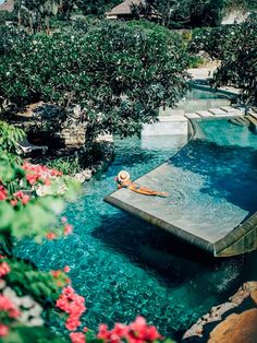 an outdoor swimming pool surrounded by greenery and trees with a person floating in it