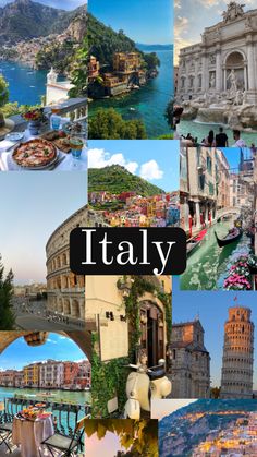 the collage shows many different places and their name is italy, with pictures of buildings in them