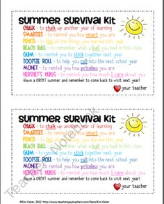 two summer survival kit cards with the words summer survival written in different colors and font