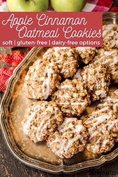 apple cinnamon oatmeal cookies with white icing on a metal platter