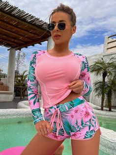 Multicolor  Collar Extra-Long Sleeve  Tropical  Embellished High Stretch  Women Clothing Dirndl Outfit, Bandeau Tops, Surf Suit, Rock Outfit, 1920s Flapper Dress, Swimsuit Design, Plunge Dress