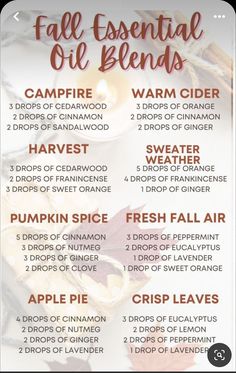 Fall Essential Oil Blends, Essential Oil Spray Recipes, Fall Smells, Candle Blends, Essential Oil Perfumes Recipes, Fall Essential Oils, Fall Diffuser Blends, Essential Oil Combinations, Simmer Pot