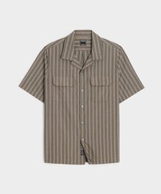 Striped Cotton Camp Shirt With Camp Collar, Cotton Camp Collar Top With Vertical Stripes, Cotton Top With Vertical Stripes And Camp Collar, Striped Shirt With Camp Collar And Relaxed Fit, Collared Cotton Shirt With Signature Stripes, Casual Cotton Shirt With Signature Stripes, Striped Shirt With Pockets And Spread Collar, Classic Summer Tops With Signature Stripes, Classic Pinstripe Shirt With Pockets