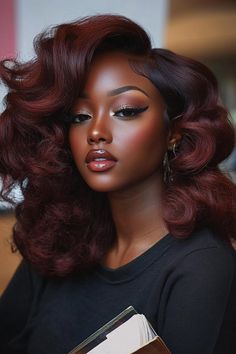 30 Beautiful Fall Hair Colors for Black Women Wine Hair Color Black Women, Big Waves Hairstyle, Black Woman Wedding Hairstyles, Grad Hair, Color Ideas For Black Women, Hair Colors For Black Women, Hair Color For Dark Skin, Colors For Black Women, Red Curls