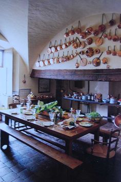 an old fashioned kitchen with lots of pots and pans on the wall above the table