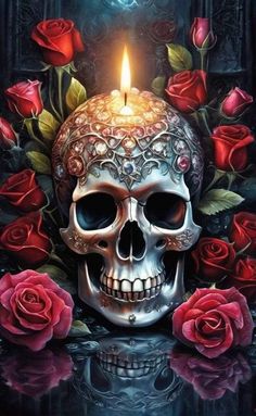 a skull with roses around it and a candle in the middle on top of it