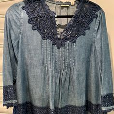 Beautiful Holding Horses Denim Top In Size L, Featuring Intricate Blue Embroidery. This Versatile Piece Is Perfect For Casual Or Dressy Occasions. New Without Tags, Never Worn, And In Excellent Condition. Grab This Unique And Stylish Top To Elevate Your Wardrobe! Blue Chambray Denim Top For Spring, Bohemian Denim Blouse For Spring, Spring Bohemian Denim Blouse, Blue Denim Blouse For Spring, Summer Denim Blouse In Dark Wash, Summer Dark Wash Denim Blouse, Blue Chambray Blouse For Spring, Blue Denim Top With Floral Embroidery For Spring, Bohemian Medium Wash Cotton Denim Top