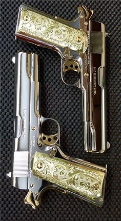 Twins A pair of sequentially numbered Colt 1911′s chambered in .38 Super. Although Colt has released special/limited edition... 44 Magnum, Pretty Knives, Tactical Gear Loadout, Tactical Gear, Swords, Jdm, Arsenal, Defense, Lego