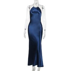 Blue Maxi Length V-neck Evening Dress, Backless Slip Dress, Dress Halter Neck, Blue Satin V-neck Nightgown, Backless Cocktail Dress, Backless Midi Dress, Backless Evening Dress, Fishtail Dress, Dress Halter