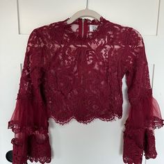 Eek The Label Red Lace Bell Sleeve Top New With Tags Size Xs Never Worn Lace Top Men, Lace Bell Sleeve Top, Ruffle Hem Blouse, Red Lace Top, Studded Shorts, Coffee Sweatshirt, Funnel Neck Sweater, Floral Embroidered Top, Eddie Bauer Women