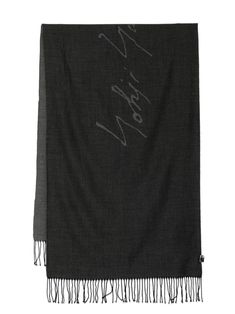 black/grey wool intarsia-knit logo rectangle shape fringed edge wraparound style Yohji Yamamoto Scarf, Logo Scarves, Knit Logo, Yohji Yamamoto, Rectangle Shape, Black Grey, Scarf Accessory, Black And Grey, Wool