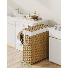 a laundry basket next to a washer and dryer