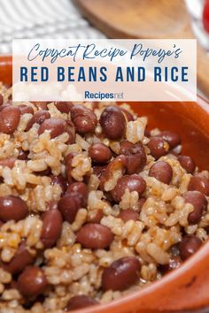 red beans and rice in an orange bowl with text overlay that reads copper peddle poppy's red beans and rice