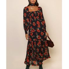 Black Floral Chiffon 100% Viscose Hourglass Long Sleeves Square Neck Pull-On 53" From Shoulder To Hem Nwot In Excellent Condition No Trade, No Lowball Rixo Black Dress, Floral Color, Wardrobe Style, Floral Chiffon, Square Neck, Black Floral, Black Red, Black And Red, Chiffon