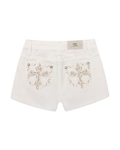 Mid-rise, white denim shorts- Beige, tan and white embroidered cross design- Silver inner embroidery with clear sequins detailing- Cross-stitched back pocket borders with rhinestone rivets- Embossed beige leather cross Miss Me brand patch- 5-pocket designMeasurements: USA WAIST HIP FRONT RISE X BACK RISE 7 23 3/4 28 3/4 7 1/4 X 11 3/4 8 24 1/2 29 1/2 7 1/2 X 12 10 25 1/2 30 1/2 7 3/4 X 12 1/4 12 26 1/2 31 1/2 8 X 12 1/2 14 27 1/2 32 1/2 8 1/4 X 12 3/4 16 28 1/2 33 1/2 8 1/2 X 13 Fabric Content: White Leather Shorts, Embroidered Cross, White Denim Shorts, Denim Accessories, Trendy Shorts, Cross Design, Leather Cross, Cross Designs, Leather Shorts