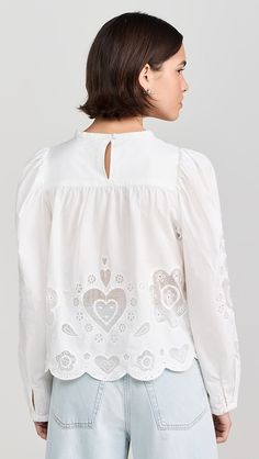 Sea Jeanetta Eyelet Long Sleeve Top | Shopbop Embroidery Blouses, Sea Clothes, Emb Designs, Eyelet Embroidery, Embroidery Blouse, Long Puff Sleeves, White Brand, India Fashion, Scalloped Hem