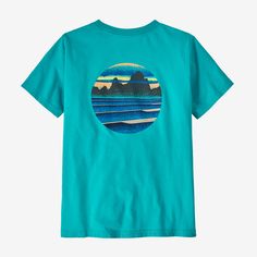 Built of soft 100% Regenerative Organic Certified® cotton with a timeless, universal fit and a graphic, it's a go-to classic designed for getting dirty and having fun. Made in a Fair Trade Certified™ factory. | Patagonia Kids' Skyline Stencil T-Shirt in Subtidal Blue, XL - Short Length - Kids' T-Shirts & Tops - Regenerative Organic Certified Cotton Blue Organic Cotton Top With Screen Print, Blue Organic Cotton T-shirt With Screen Print, Green Graphic Print Organic Cotton Tops, Green Organic Cotton Tops With Graphic Print, Green Graphic Print Tops In Organic Cotton, Green Graphic Print Top In Organic Cotton, Green Organic Cotton Top With Graphic Print, Patagonia Graphic Cotton Tee, Patagonia Cotton Graphic Tee