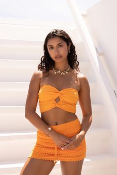 SHIRT ONLY ☽ Orange twist Crop Top ☽ Cotton Material ☽ Easily Paired with any bottoms Twist Crop Top, Double Twist, Orange Twist, Strapless Bandeau, Crop Top Sweater, Crop Top Blouse, Romper Dress, Twist Front, Girls Night Out