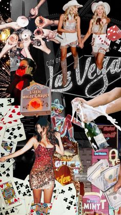 collage of women dressed in costumes and playing cards with casino signs, dices, and other items